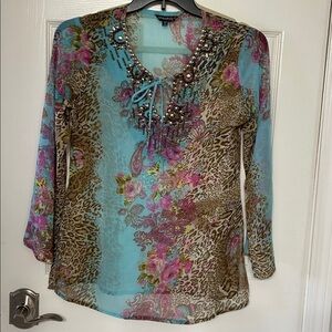 Chaudry KC Boho Blouse, animal print floral  Multi-color, Size S beaded sheer